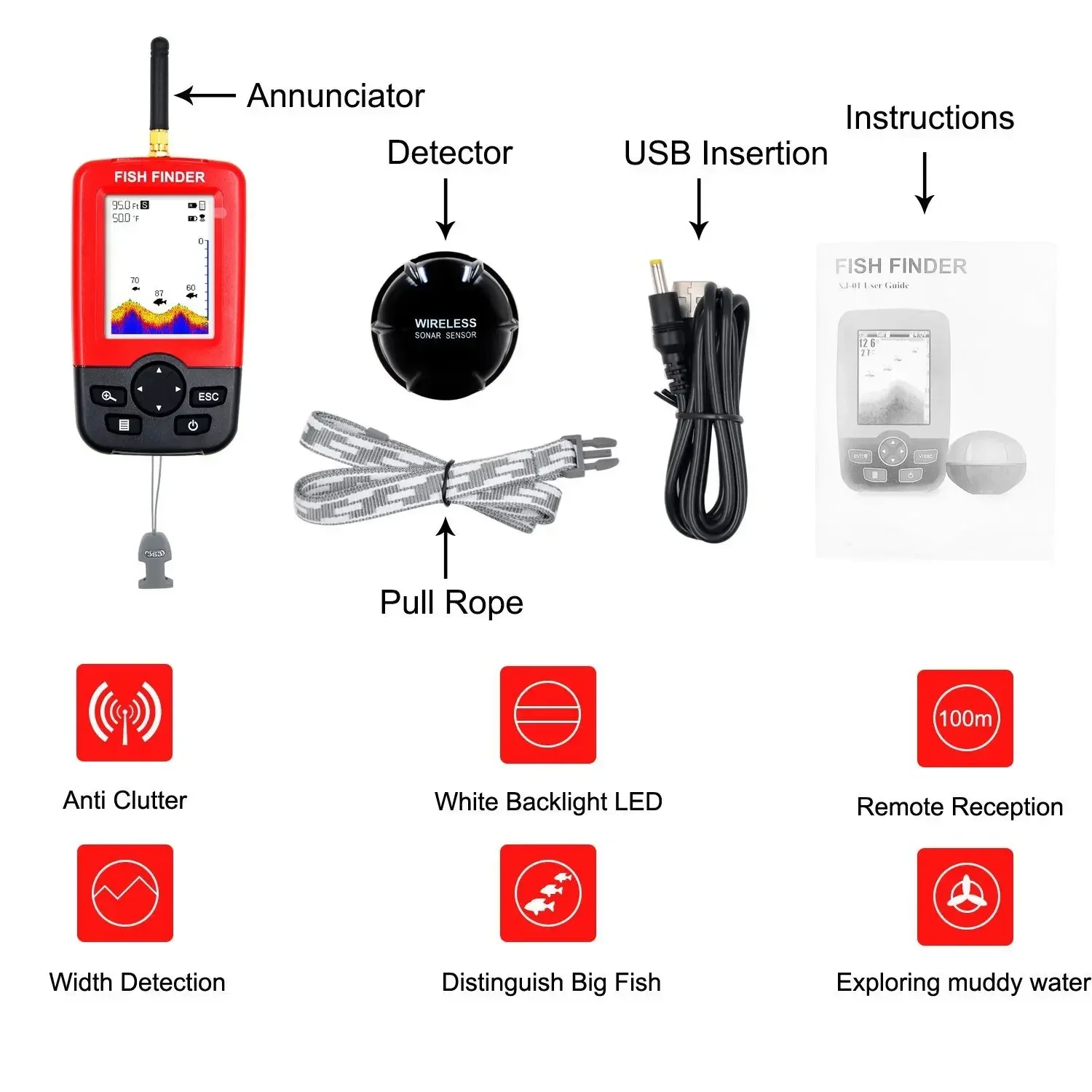 Wireless Fishfinder Bait Boat Long Range Wire Sonar Sensor Long Range FishFinder Power Battery