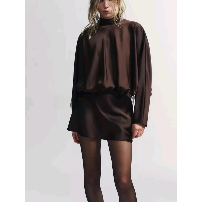 겨울 신상 여성용 매트 슬레 칼라 롱 스웨트 새틴 느낌 스카프 장식 오트 드 폴리에스터 섬유 A라인...