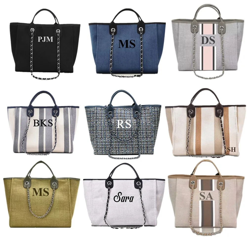 Personalised Initials Beige Handbag Canvas Bag With Chain Women Bucket Bag With Large Capacity For Holiday Shopping Party