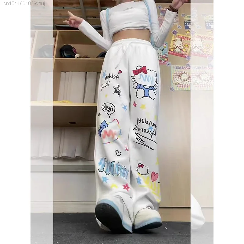 Sanrio High Street Hip Hop Sports Pants Women\'s Hello Kitty Y2k Girls Hip Hop Grunge White Trousers Female Harajuku Pants 2000s