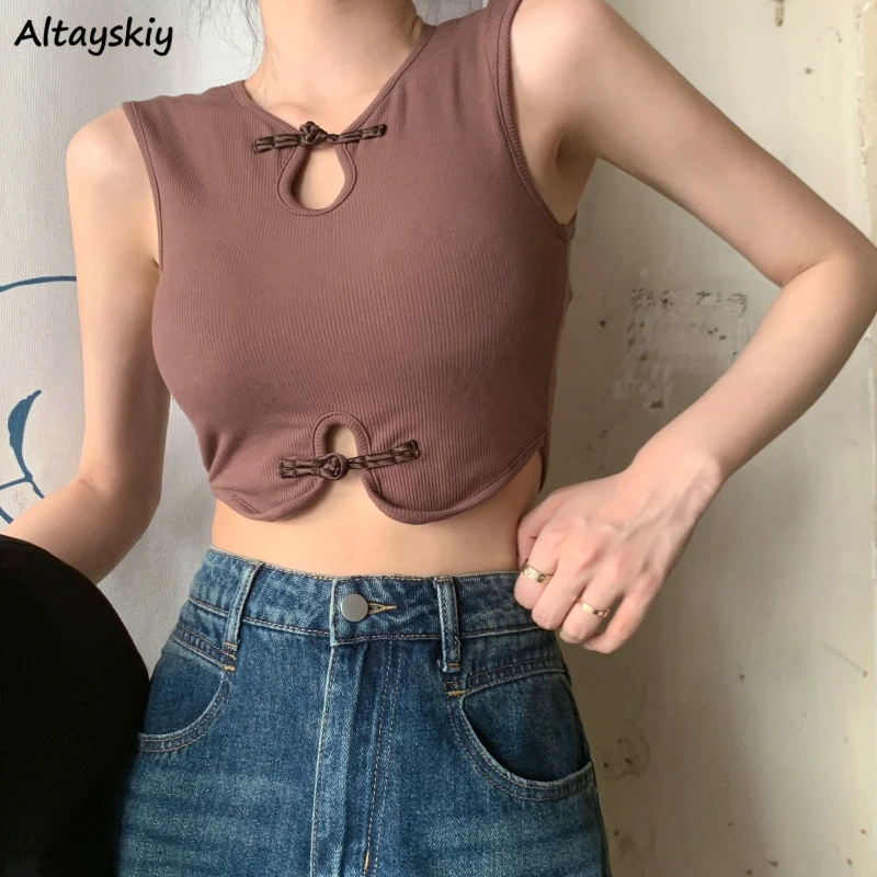 Tanks Women Sexy Style Hollow Out Knot Button-up Retro Hotties Slim Fitting Crop Top Elegant Fashion Chic All-mtach Streetwear