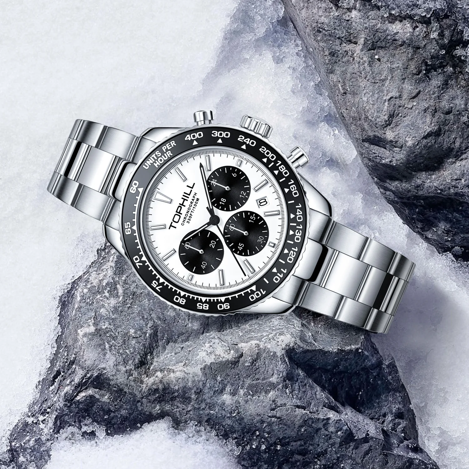 TOPHILL 41mm VD53 Racing Chronograph Men’s Quartz Watch Panda Dial Tachymeter Bezel Sport Wristwatch Swim 100M C3 Lume TD013G