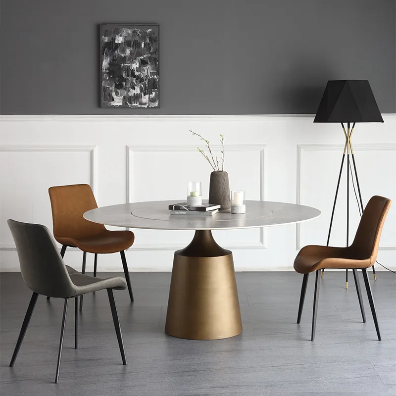

Built-in rock slab round table, bronze bracket, simple turntable dining table for large and small apartments