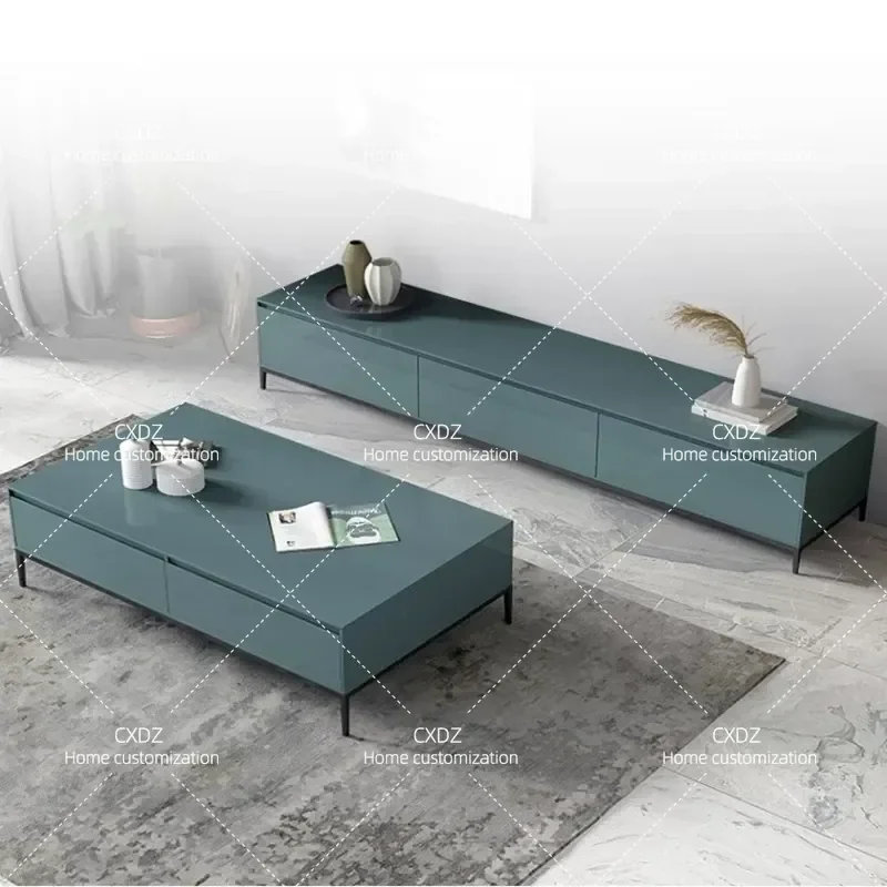 Nordic Light Luxury Dark Green TV Cabinet and Coffee Table Set Modern Living Room Audio Visual Storage Combination Unit Paint