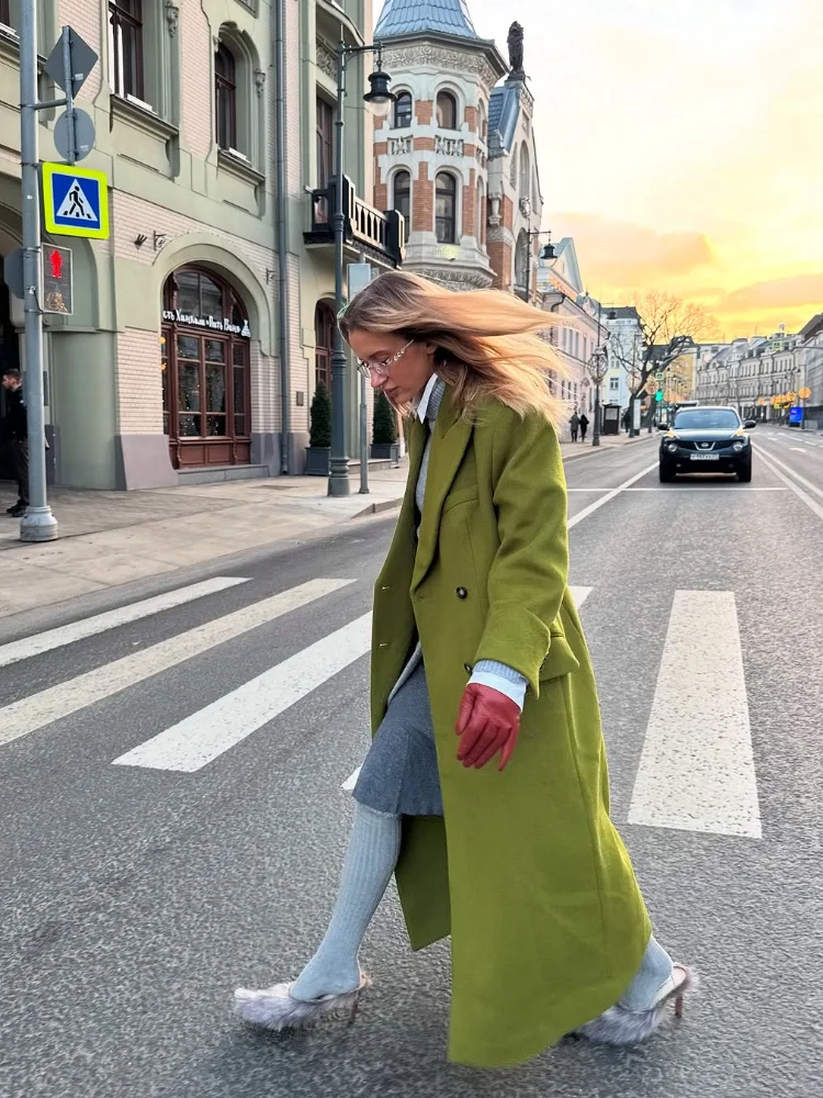 

Women Green Wool Overcoat Fashion Elegant Lapel Long Sleeve Double-breasted Pockets Loose Coat Autumn Lady 2025 Commuter Outwear