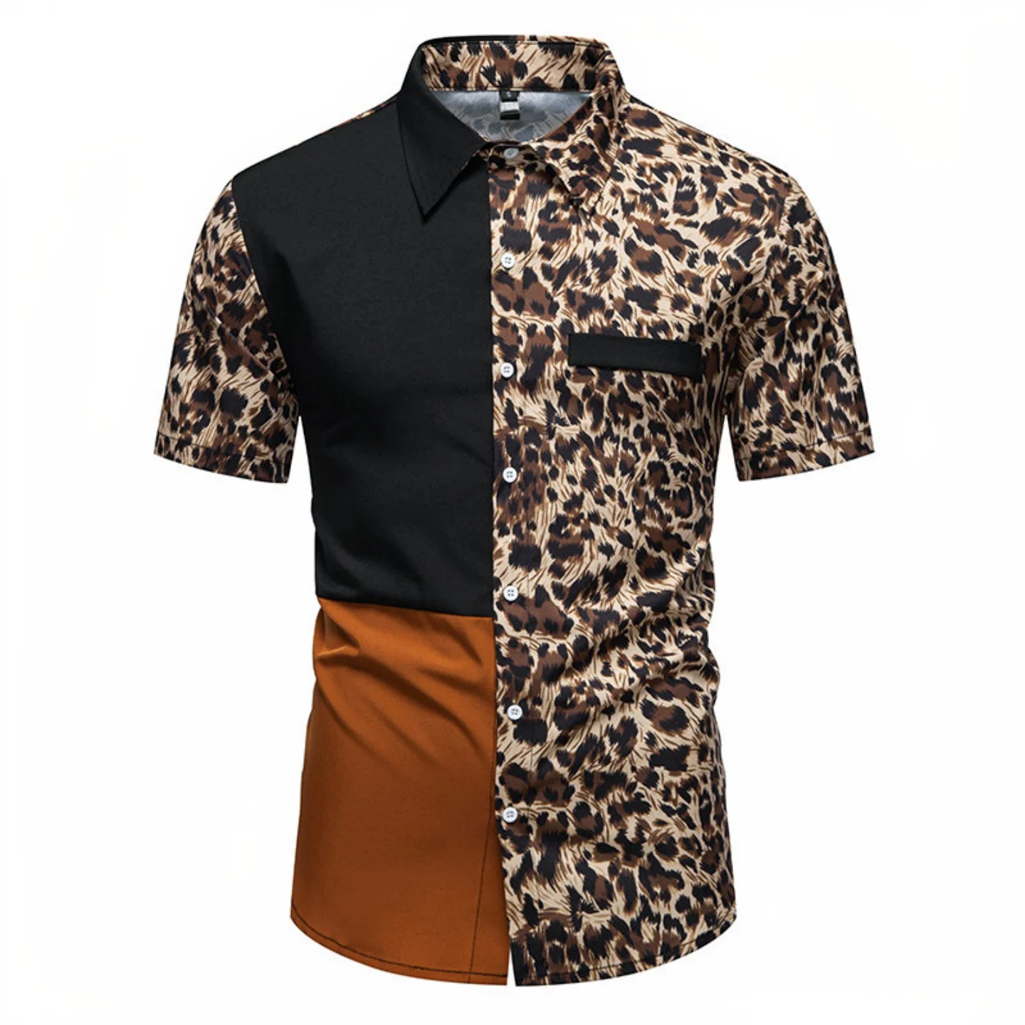 

Men's Short Sleeve Shirt, Leopard Print Color Block, Breathable & Smooth, Casual Button Down Top, Leopard/Forest, S-2XL