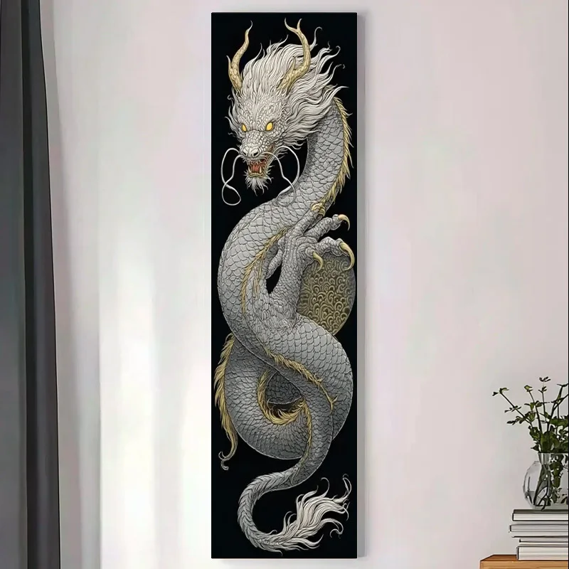 VIKAMA Chinese Dragon Tapestry Black Gold - White Dragon Wall Hanging, Oriental Art Scroll, Asian Room Decor, Feng Shui Cloth