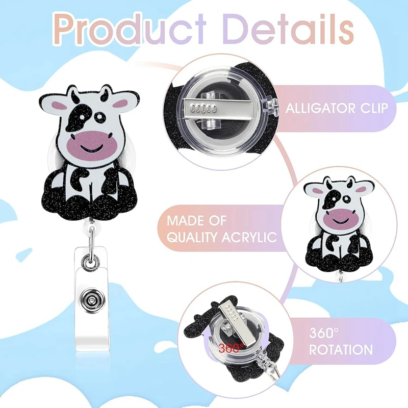 Cow Badge Reel Clips Retractable Badge Holder Cute ID Name Card Holders With Swivel Clip 3PCS