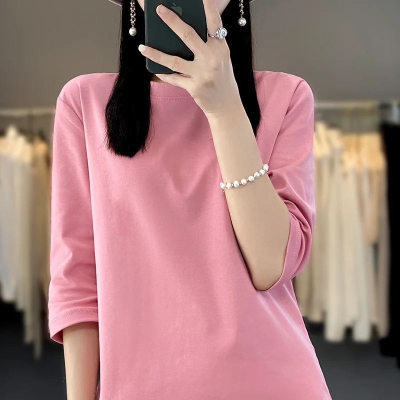 Mercerized Cotton Cropped Sleeve Female Spring And Summer 2023 New Round Neck Loose 100% Cotton Short Sleeve Bottoming T-Shirt