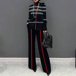 UOOZEE 2024 New Fashion Striped Printed Long Sleeve Loose High Neck Tops & High Waist Wide Leg Pants Urban Casual Two Piece Sets