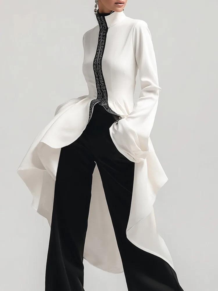 

UOOZEE Women's High-Low Falbala High Neck Tops Long Flared Sleeves Asymmetrical Hem Fashion Printed Elegant Party Zipper Blouses