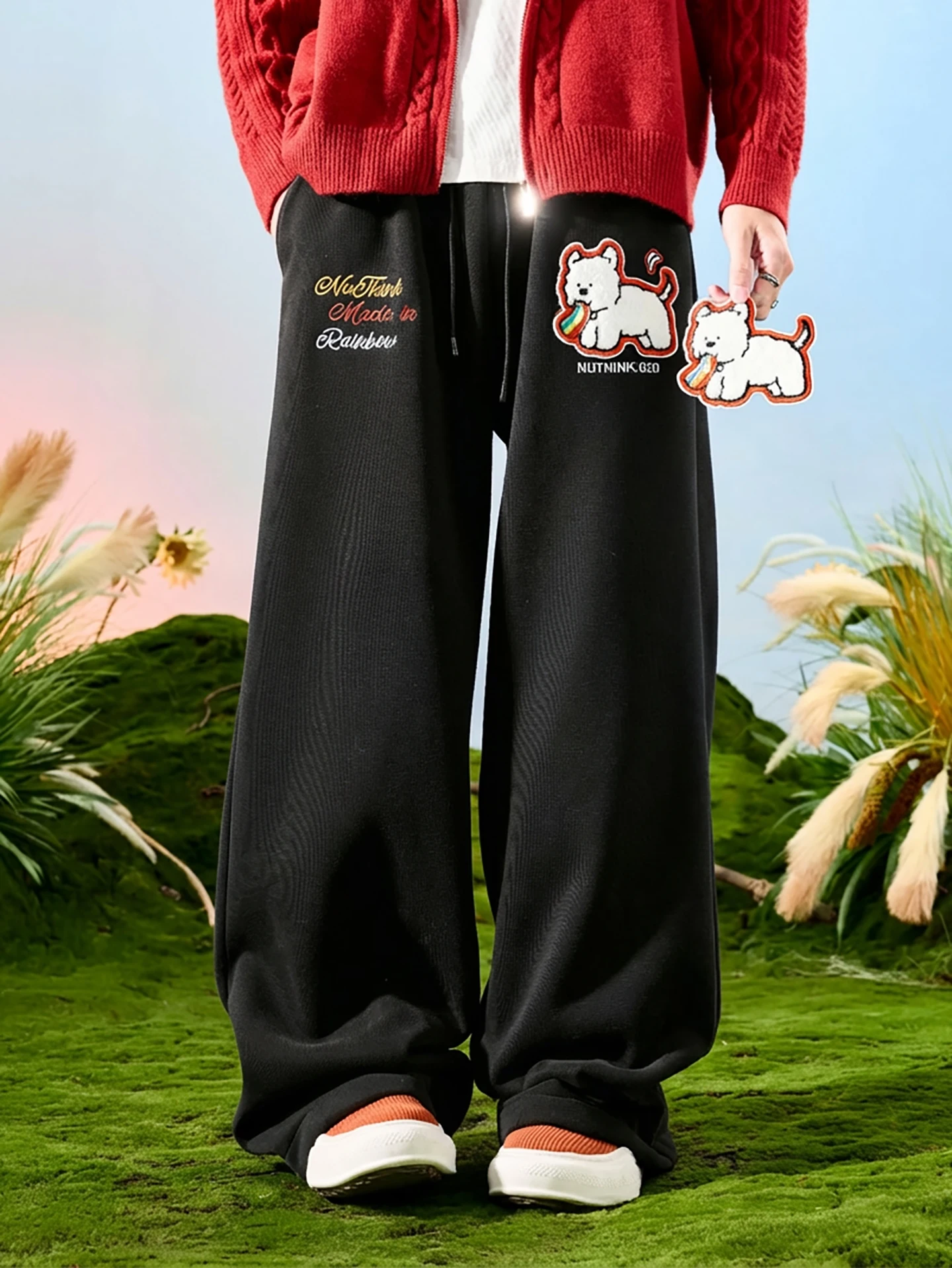 

Мужские спортивные брюки Nuthink American Style с утепленной флисовой подкладкой и вышивкой, свободного кроя, широкие штанины, весна 2026, модный тренд для молодежи