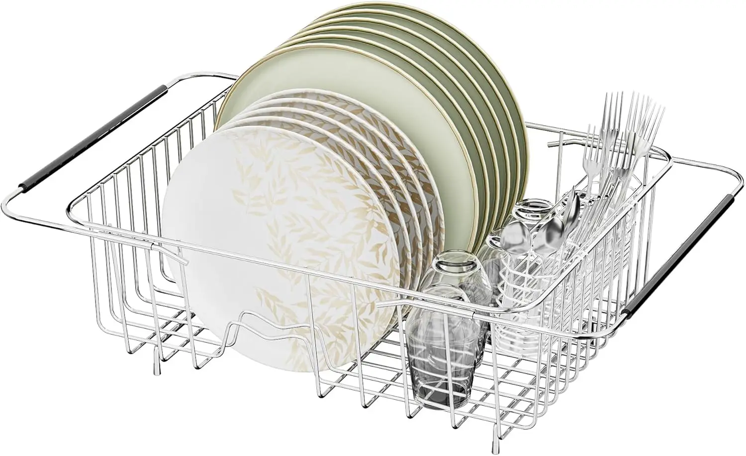 

In-Sink Dish Drying Rack, 304 Stainless Steel with Silverware Holder, Adjustable 15.08' to 22.4', Holds Up to 13 Dishes