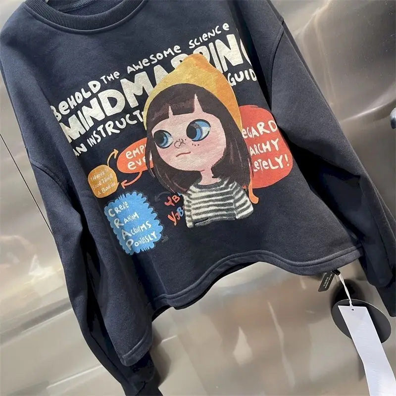 Original Fashion Pullovers Women Letter Cute Cartoon Printed Pullover Casual Loose Long Sleeve O-Neck Tops 2024 Autumn New In