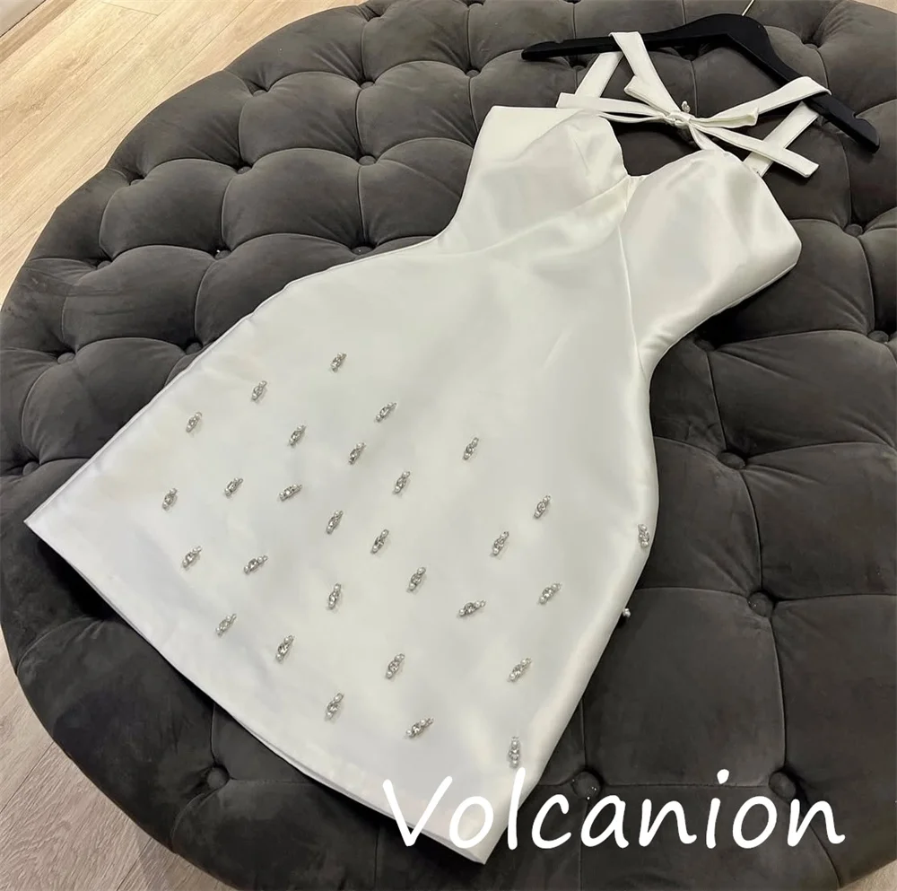 Gaun Mini Halter A-line Busur Berpayet Charmeuse Fashion Kustom Acara Dipesan Lebih Dahulu Gaya Cina Seksi