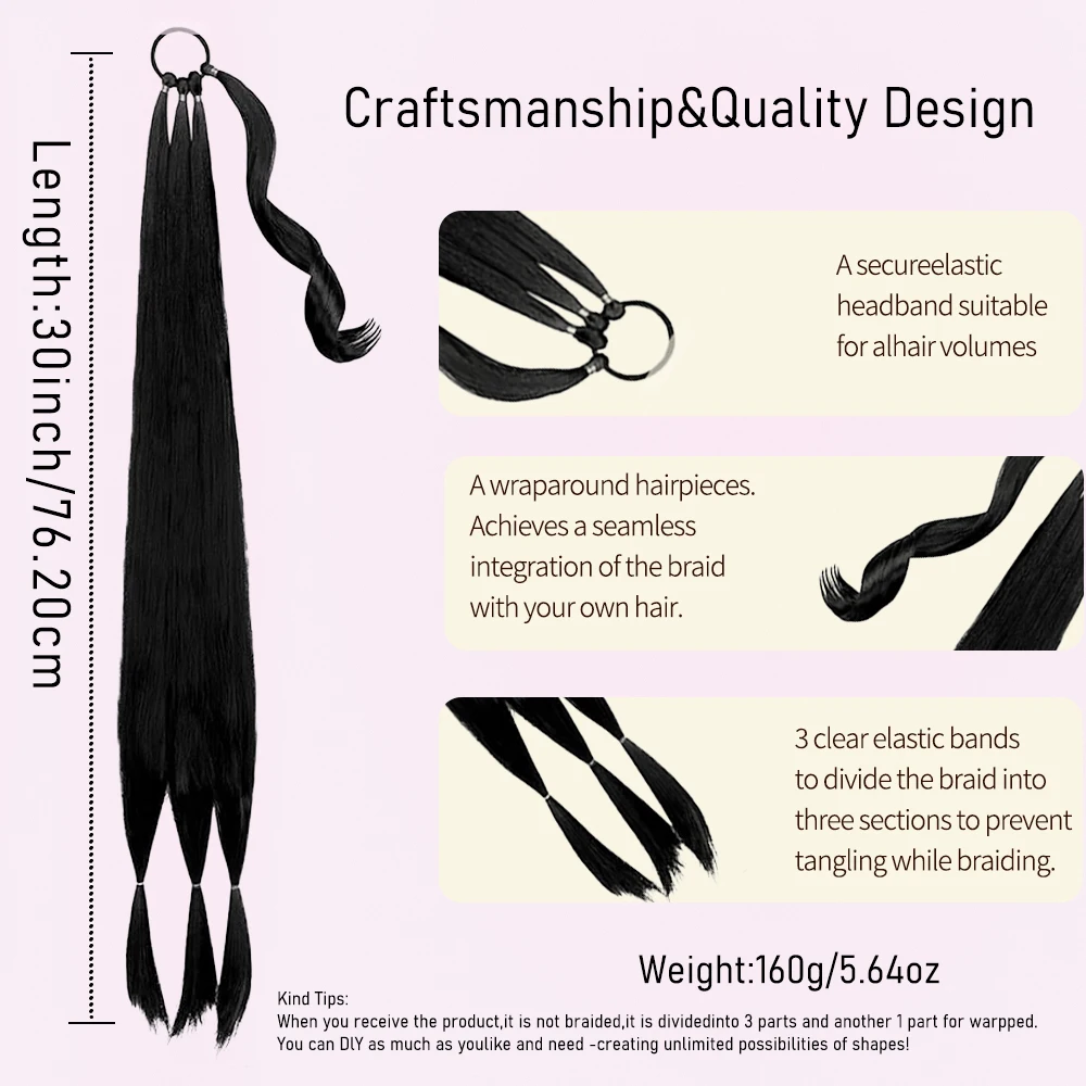 30 Inch DIY Braiding Hair Ponytail Extensions, High Temperature Synthetic Wrap Around Ponytail Hairpieces with Elastic Tie