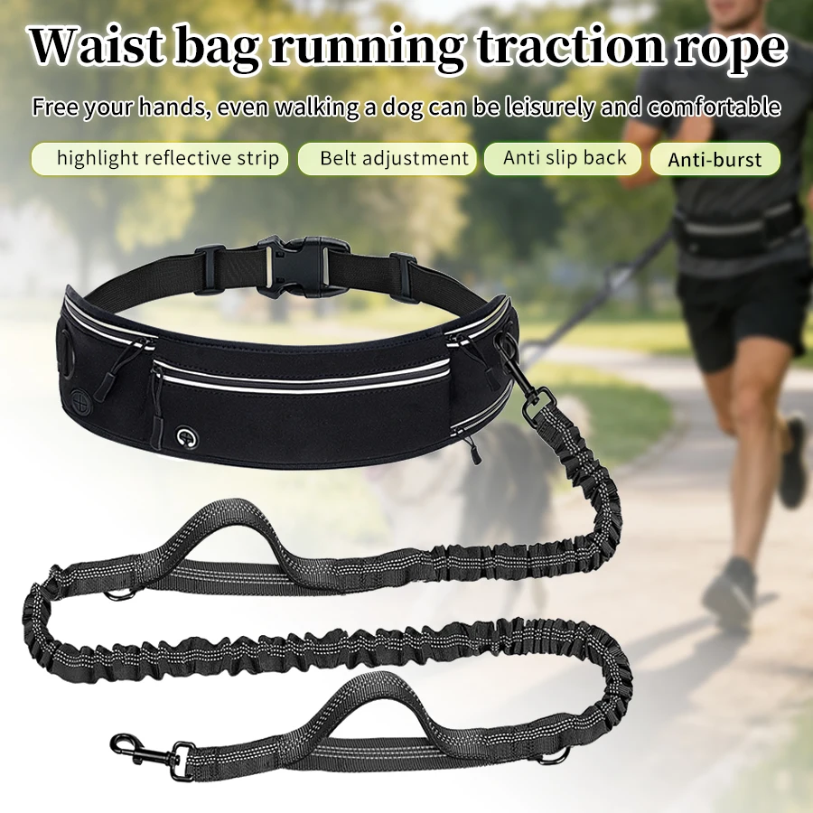 Foldable Reflective Dog Leash with Waist Bag, Hands-Free Shock Absorbing Pet Running Leash, Adjustable Anti-Pull Walking Belt