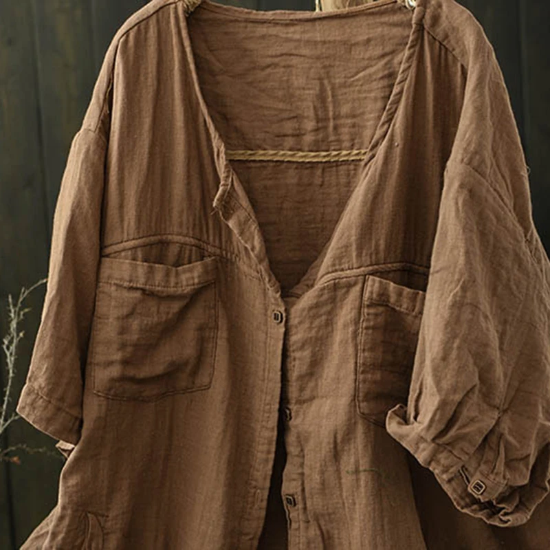 오버사이즈 여성 캐주얼 코튼 셔츠 신상 2025 여름 빈티지 스타일 O넥 단색 루즈핏 여성 탑 셔츠 T624