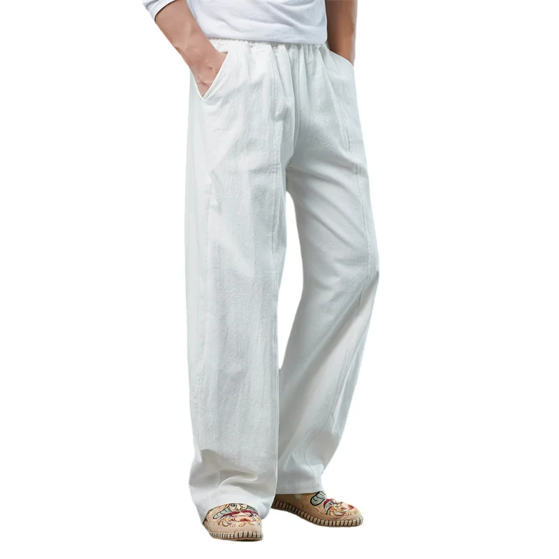

Мужские льняные брюки, повседневные легкие пляжные брюки, летние свободные брюки с прямыми ножками и эластичной резинкой на талии для йоги, медитации с карманами