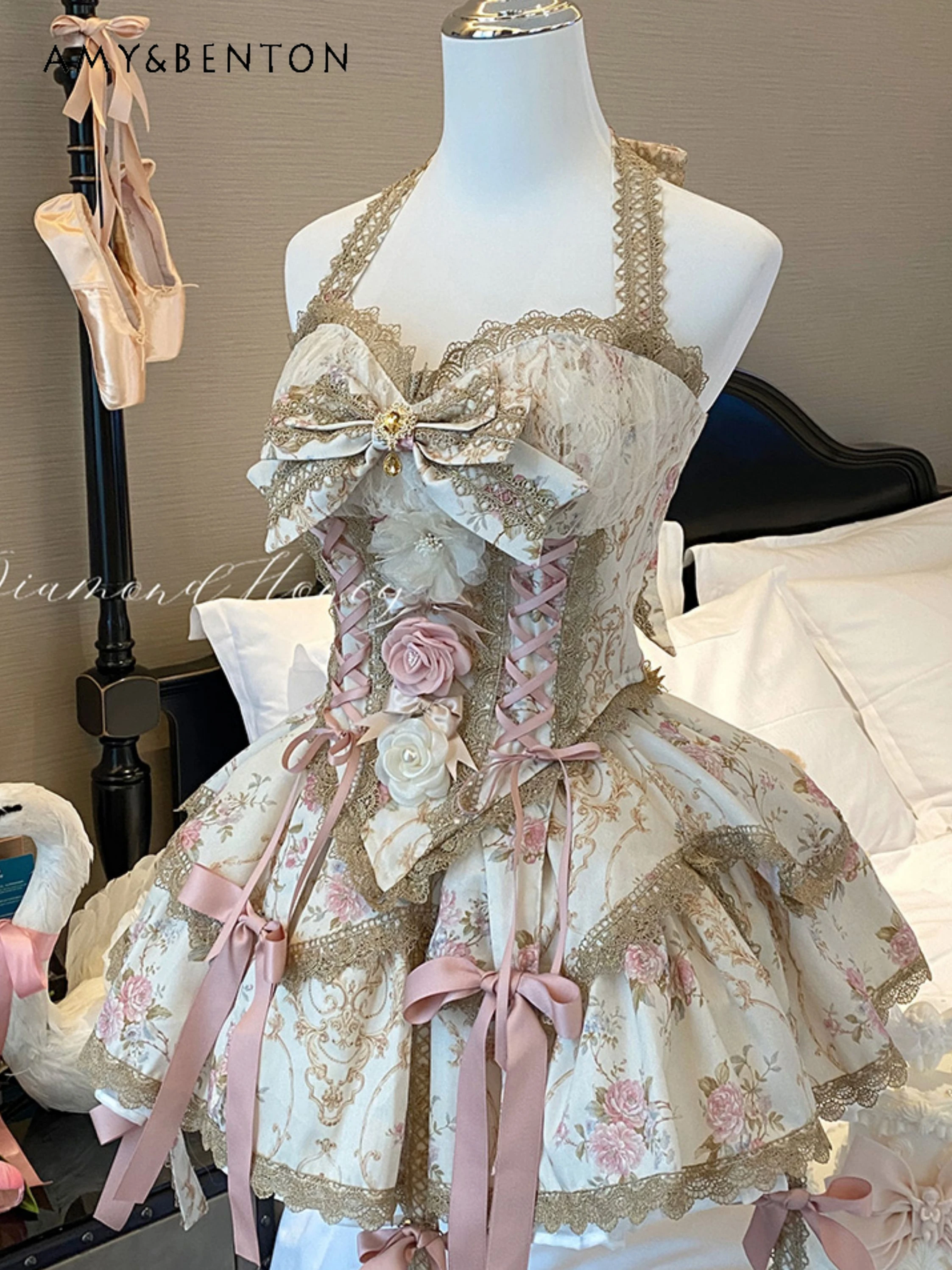 

High-Grade Heavy Industry Temperament Daily Lolita Skirt Sets Sweet Bow Vintage Printed Halter Top Ball Gown Skirt Two-Piece Set