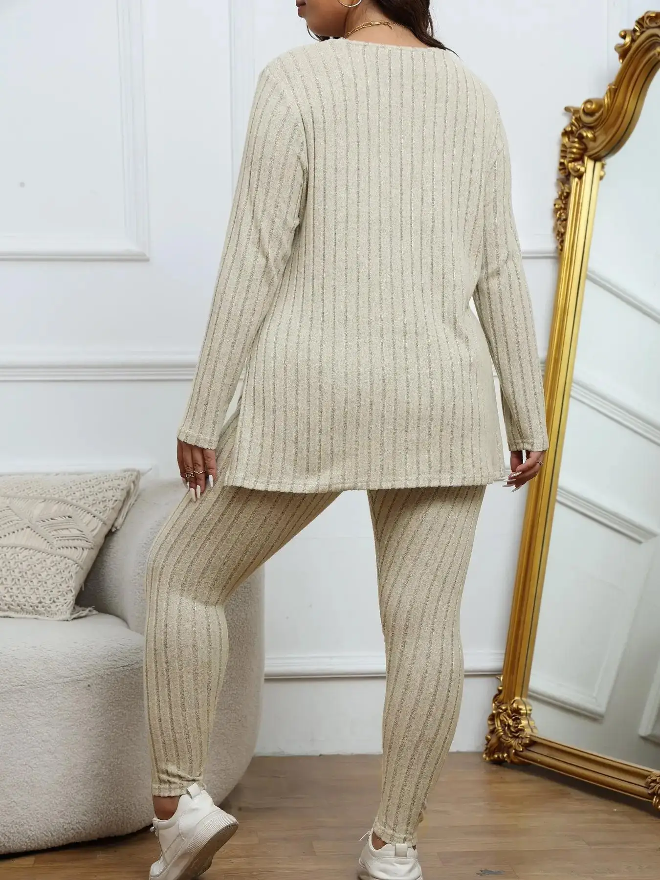 Plus Size Solid Color Ribbed Knit Split Hem Two-Piece Set, Casual All-Match Outfit For Daily And Outdoor, Women's Spring And Aut
