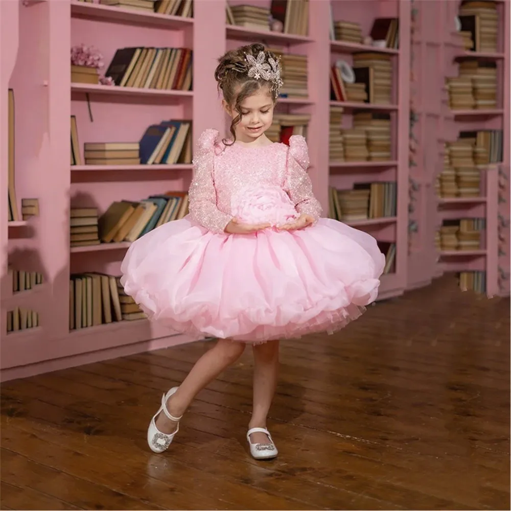 

Cute Glitter Flower Girl Wedding Dress Flower Sequined Long Sleeves Puffy Princess First Communion Birthday Party Ball Gown