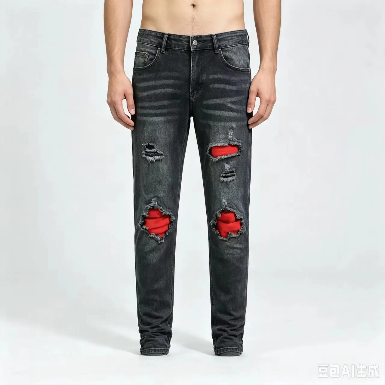 Men's Y2K Slim Fit Jeans Nostalgic Washed Perforated Red Patch High Street Trendy Black Designer Fashion