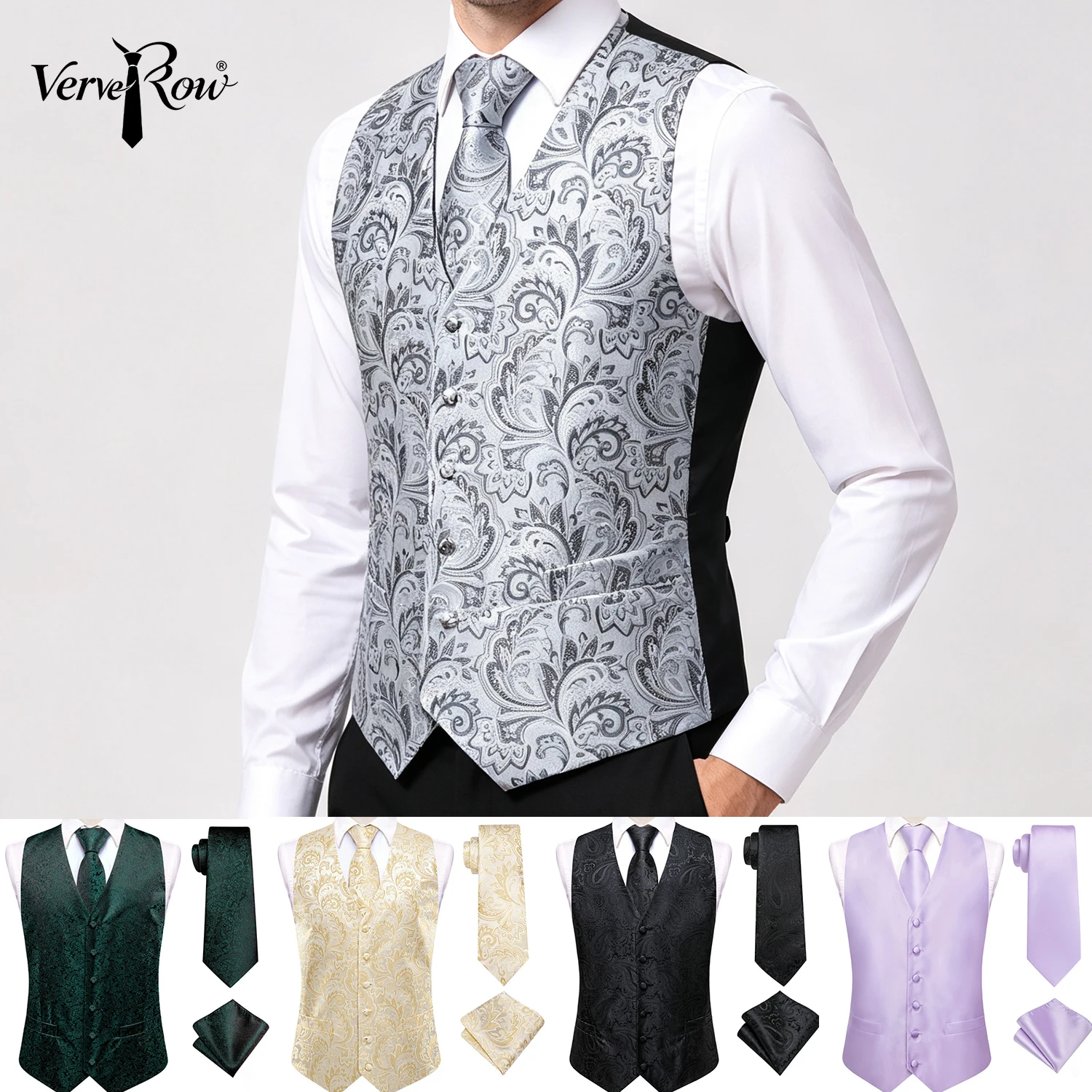 VerveRow Men Paisley Waistcoat Tie Pocket Square Set, V Neck Formal Suit Vest 3PCS for Wedding Party