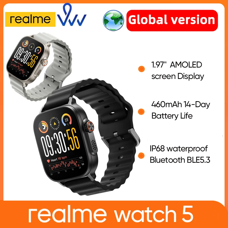 ساعة NEWrealme 100% 5 300+ موضوعات تدعم IP68 مقاومة للماء 1.97 بوصة 600 شمعة في المتر المربع AMOLED 460 مللي أمبير في الساعة عمر البطارية 14 يومًا الإصدار العالمي