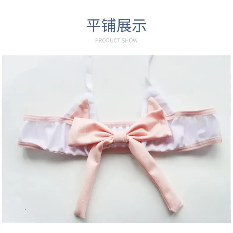 Lolita Anime Pink Bow Mini Bikini Set Bandage Pajamas Kawaii Cat Ears Plaid Underwear Panties Women Sexy Swim Lingerie Gift view 6