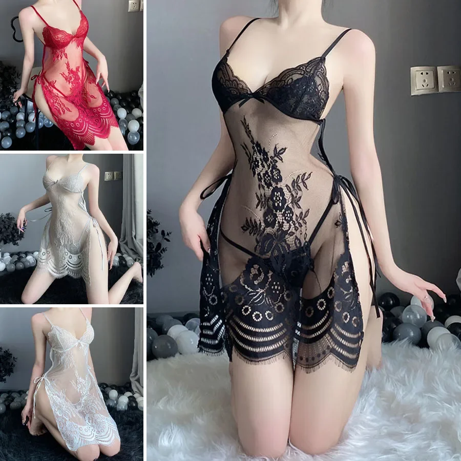 Sexy Lingerie Lace See Through Slip Dress Thin Babydolls Exotic Chemises Nightgown Pajamas Nightdress Passion Sleepwear Women