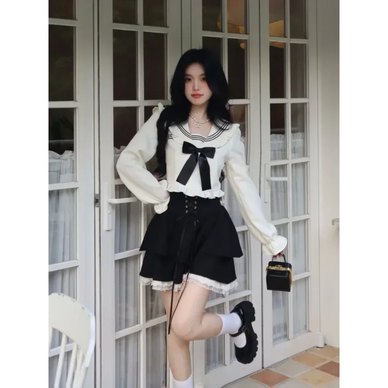 Dwuczęściowe zestawy damskie Navy Collar Bow Fungus Lace Top Tied Lace Black Sweet Skirt Set Cute Kawaii Suit Long Sleeve