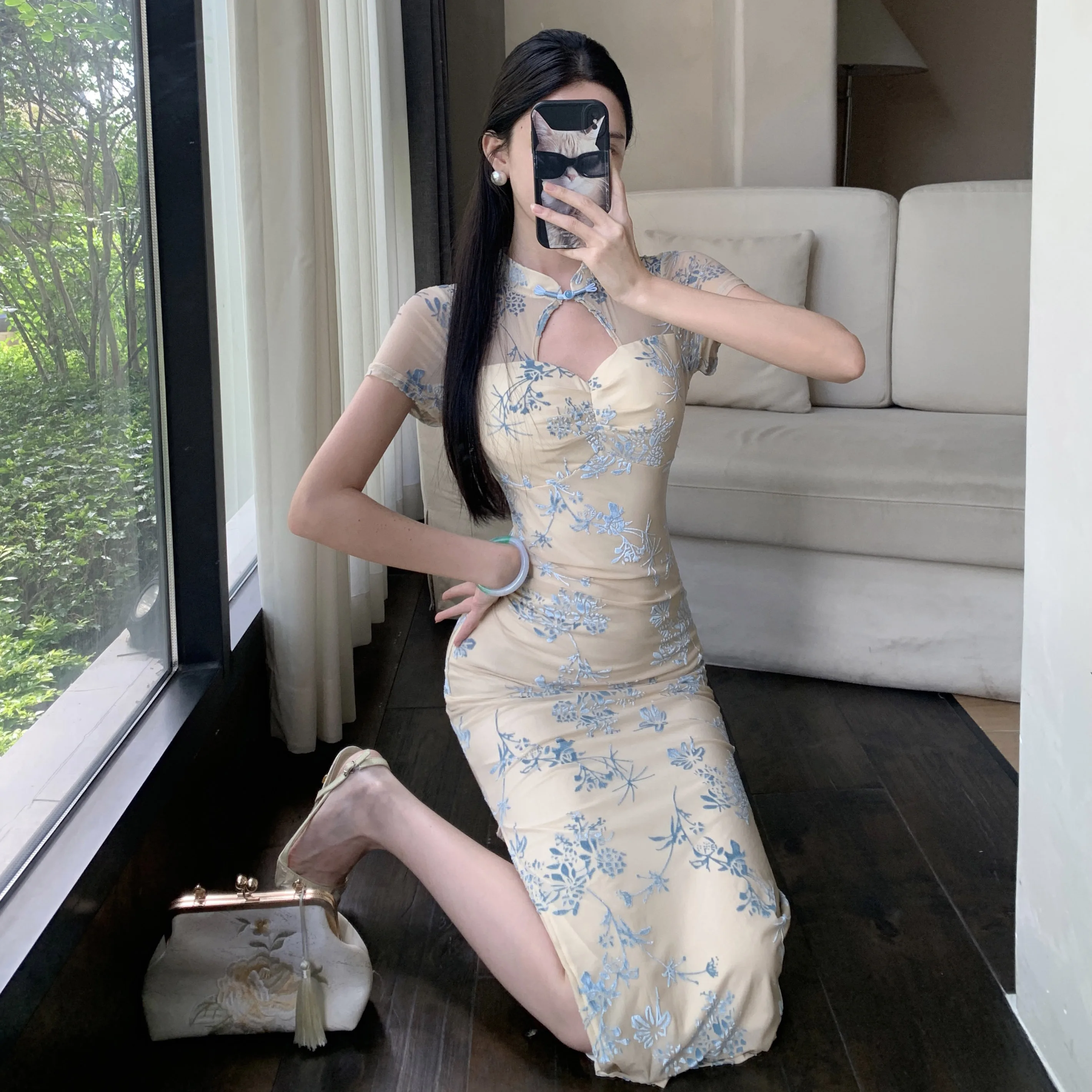 Novo chinês sle bordado ort sve qipao dr feminino retro sexy bodycon saia longa fibra de poliéster verão dr