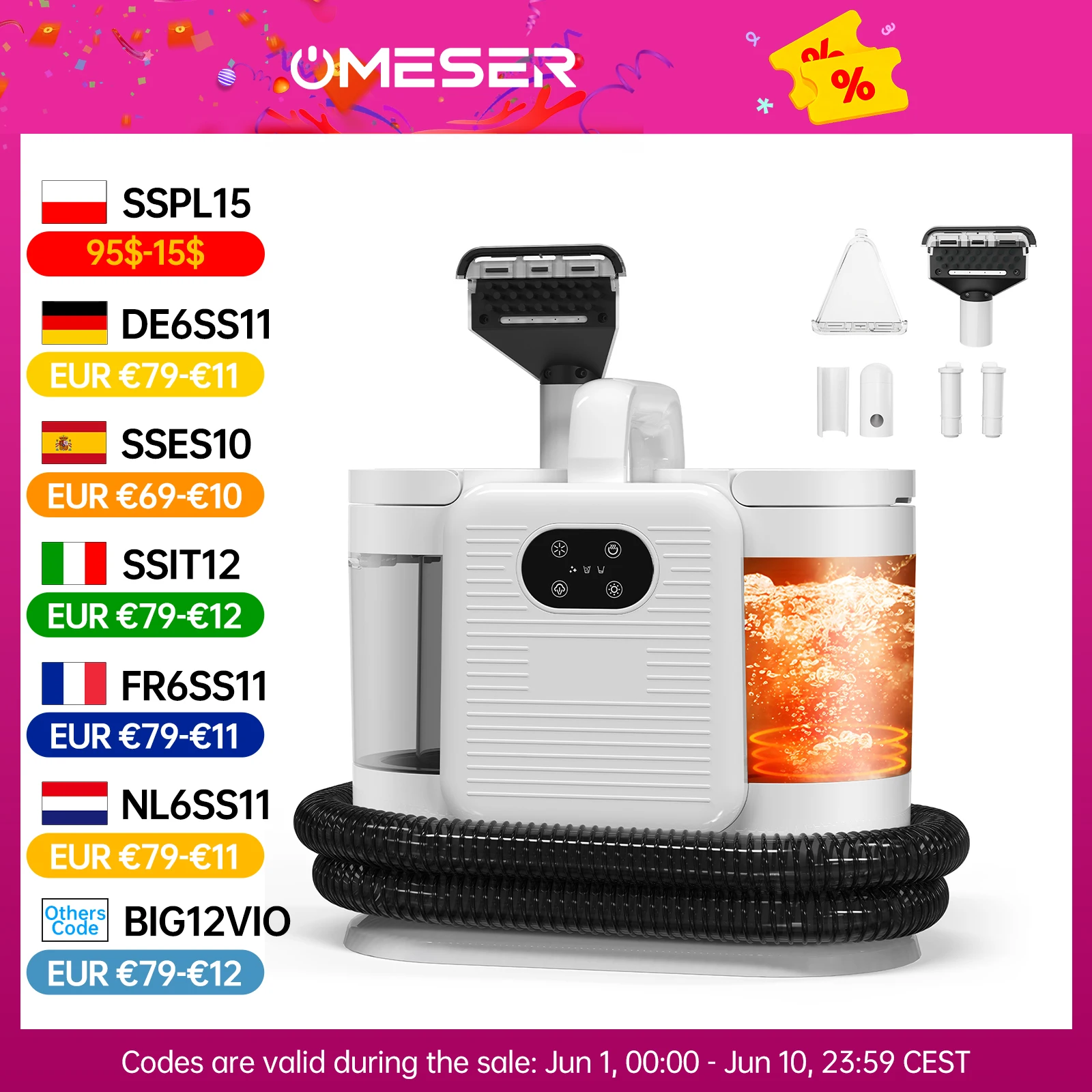 OMESER C988 1650W Machine de pulvérisation de nettoyage à vapeur 15KPa nettoyeur de tapis d'aspiration appareil ménager intelligent portatif pour le nettoyage du canapé-lit