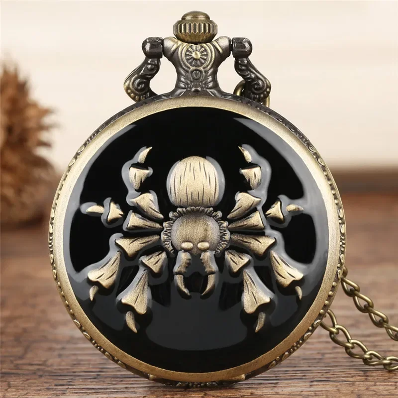 

Bronze Engraved Spider Design Full Hunter Quartz Analog Pocket Watch for Men Women Arabic Number Clock Sweater Chain Gift