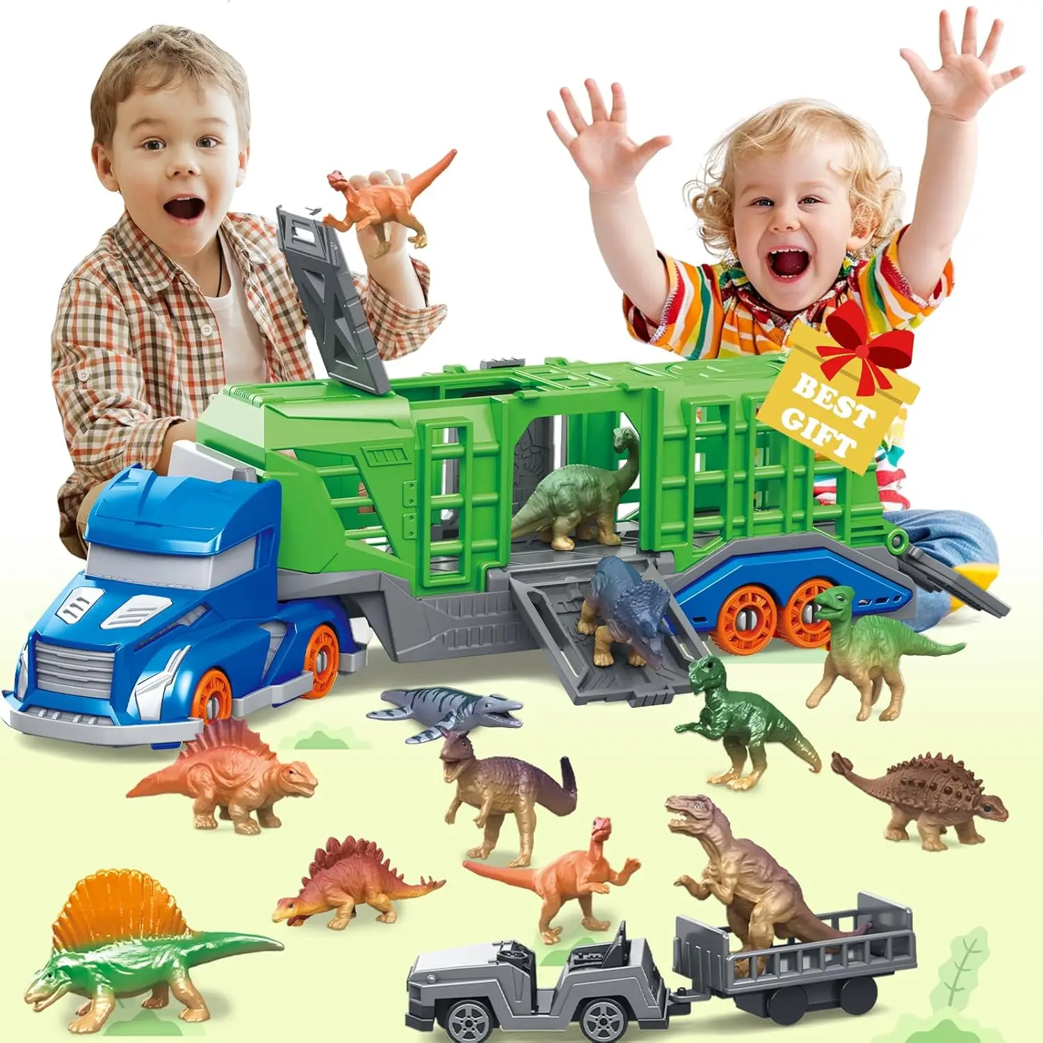 Dinosaur Animal Transport Vehicle Toy Set Includes 1 Transport Vehicle, 12 Dinosaurs or Animals, 2 Small Transfer Vehicles. the Transport Vehicle Features a Rotating Cab and 4 Doors That Can Be Opened. Suitable for Children over 3 Years Old to Stimulate Imagination and Develop Hands-On Skills. It Is a Great Gift for Christmas, Halloween, Thanksgiving, and Birthdays