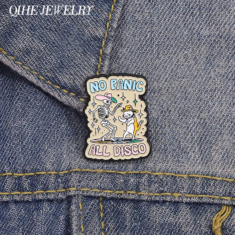 No Panic All Disco Cat Enamel Pins Happy Skeleton and Cat Dancing Brooches Shirt Lapel Badge Halloween Jewelry Gift for Friends