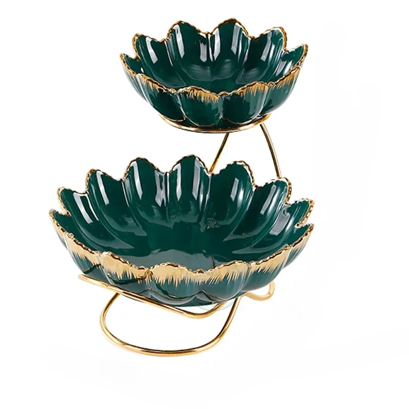 

Elegant 2 Tiered Serving Stand with Floral Porcelain Bowls for Party Festival Tableware Thicker Metal Rack Serving Platter
