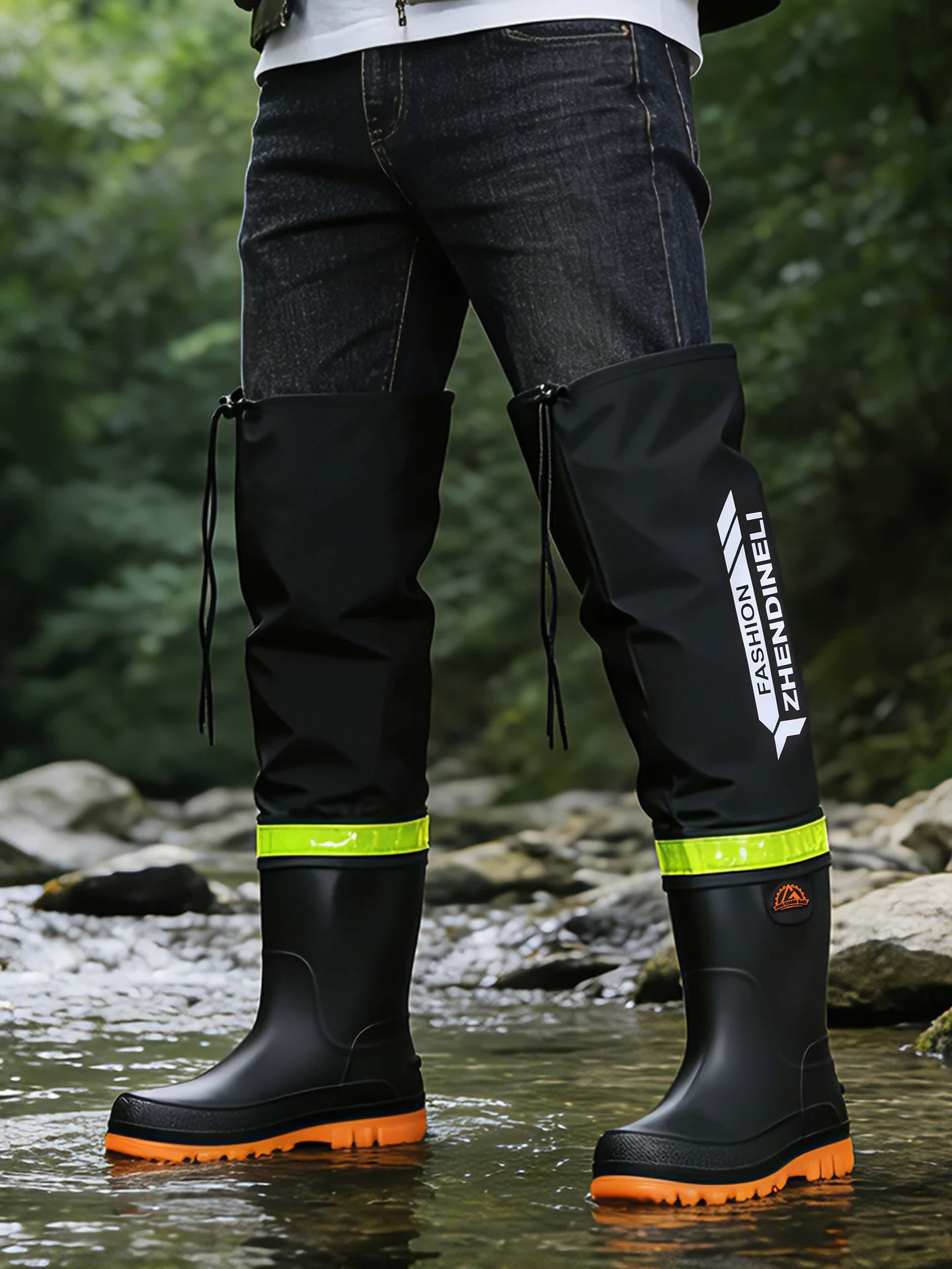 Lightweight Men's Over-Knee Rain Boots Anti-Slip Outdoor High-Tube Water Shoes Wave Pattern Suitable for Youth And Middle-Aged