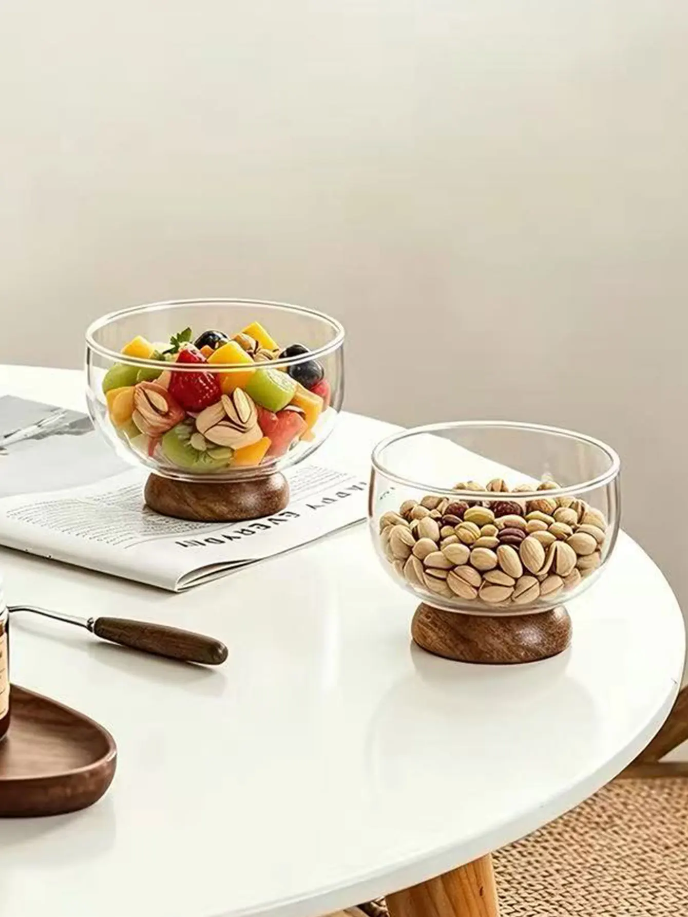 Acacia Wood Base Round Glass Dessert Bowl, Household Breakfast Yogurt Bowl, High-End Afternoon Tea Bowl 1Pc