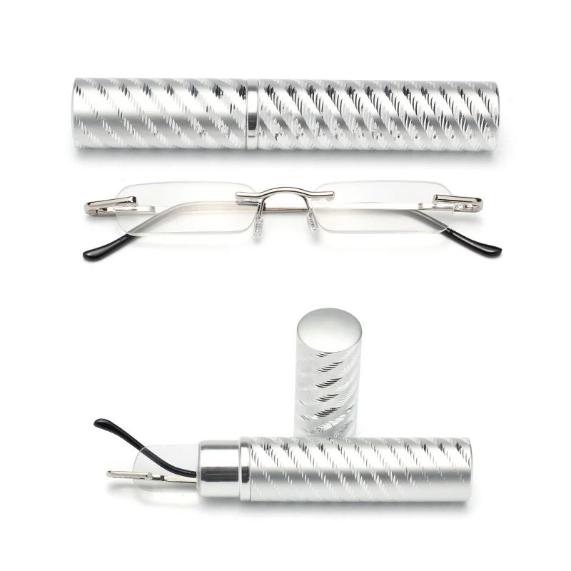 Tube Prescription Glasses Mens Reading Glasses Women Men Eye Glasses Frameless Spring Hinges Frame Metallic With Case