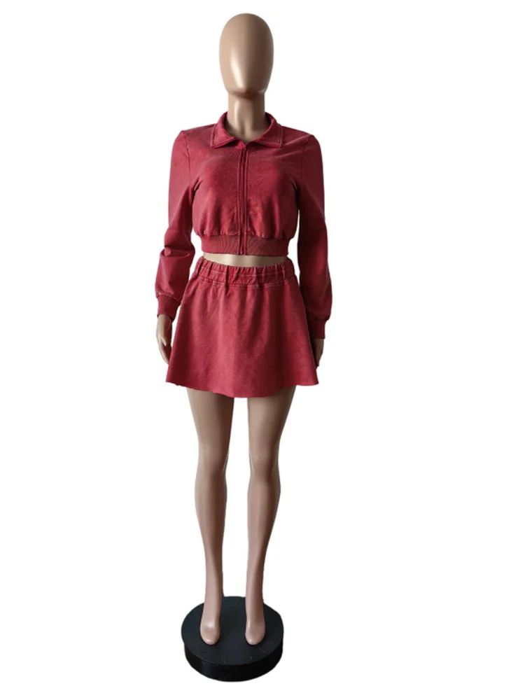 Kliou Distressed Style 2 Piece 세트 여성 전체 소매 카디건 크롭 재킷 + 탄성 허리 미니 스커트 핫티 스트리트 패션 슈트