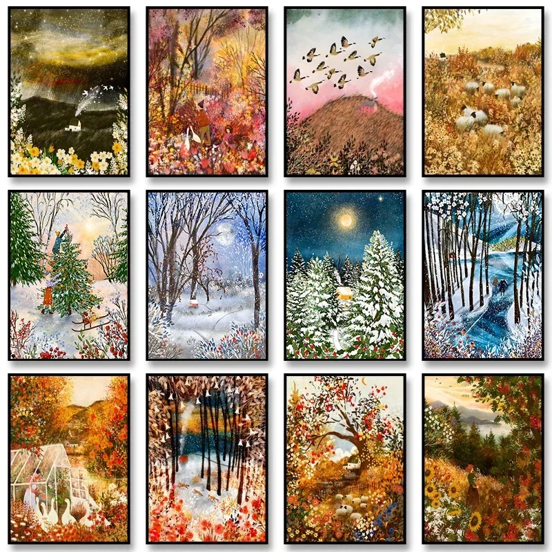 Autumn and Winter Nature Art Canvas Print Exquisite Illustrat Poster Extreme Art Canvas Painting Wall Art Picture for Home Decor