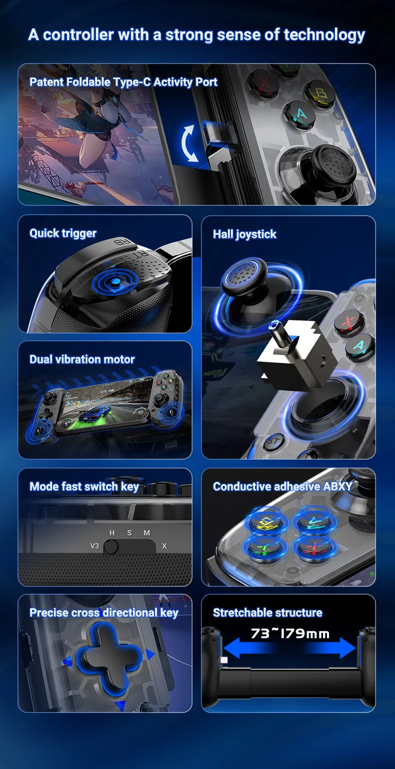 D6mini Ausziehbarer Spielcontroller mit Hall-Joystick, Kabelgebunden und Kabellos, Bluetooth, für Switch, Android, iOS, PC, Streaming – Detail 2