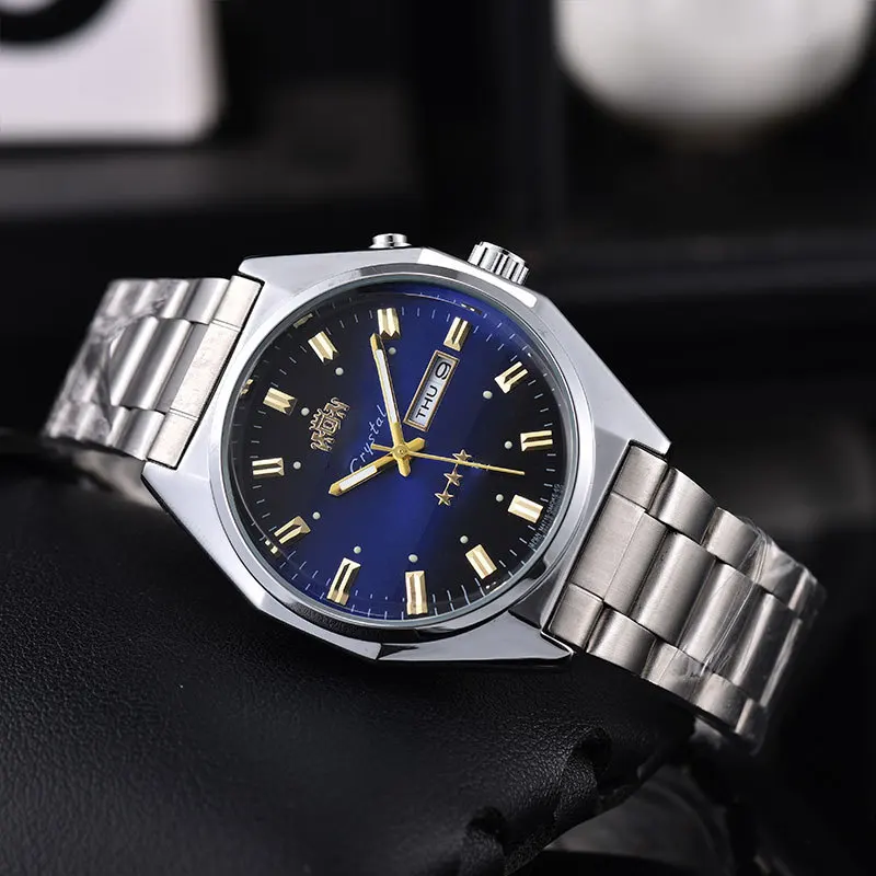 Men's double calendar quartz watch black plate gold scale luminous steel belt watch retro business men's watch