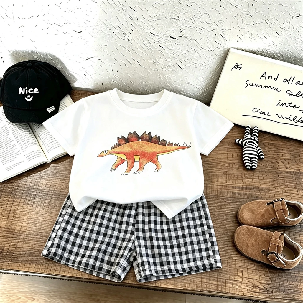 Boys Dinosaur Print TShirt Plaid Shorts 2pcs New Fashion Costume Short-sleeved Suits Lovely T-shirt Simple Versatile Shorts Sets