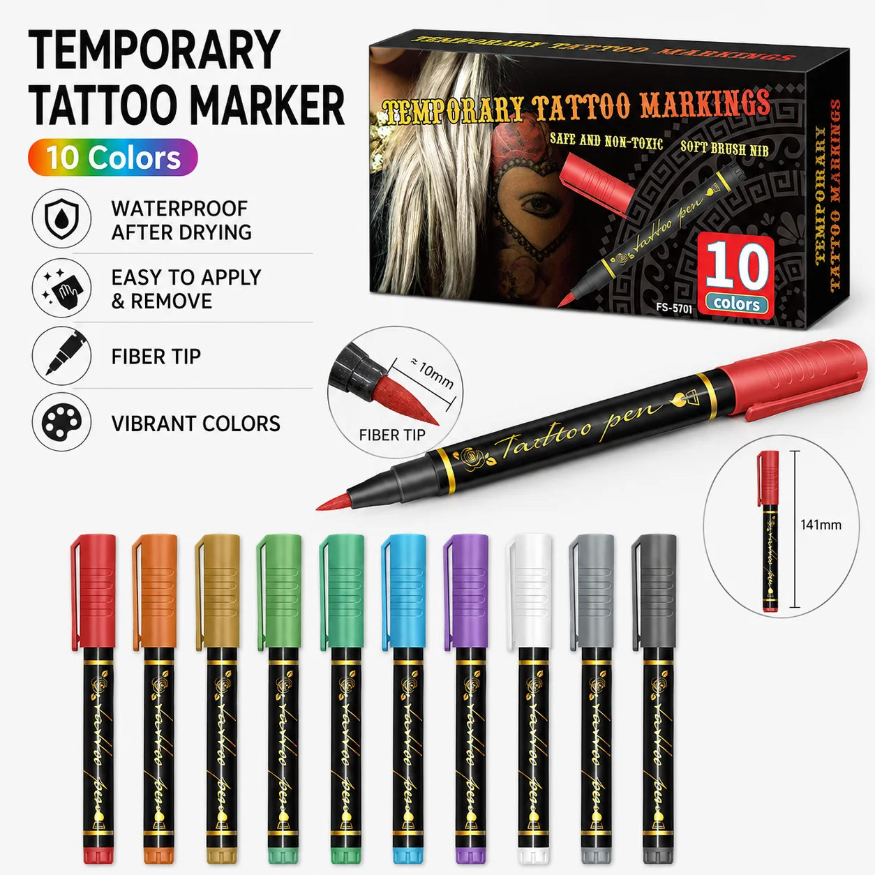 10 Colors Temporary Tattoo Marker Pen Waterproof Skin Drawing Ink Pen Fiber Tip Body Art Tattoo Tool for Tattoo Practice Design