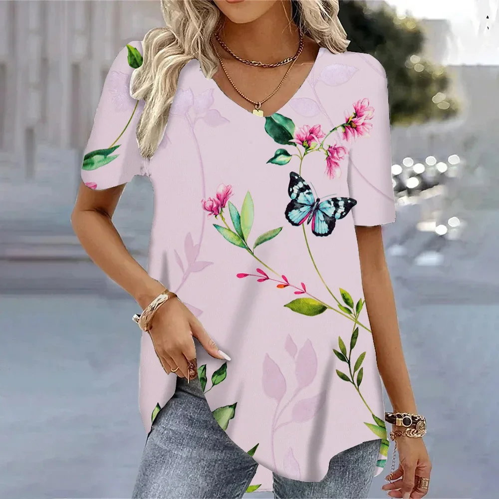 2024 Korean women\'s 3D painted butterfly print short-sleeved T-shirt V-neck short-sleeved top loose daily casual top comfortable