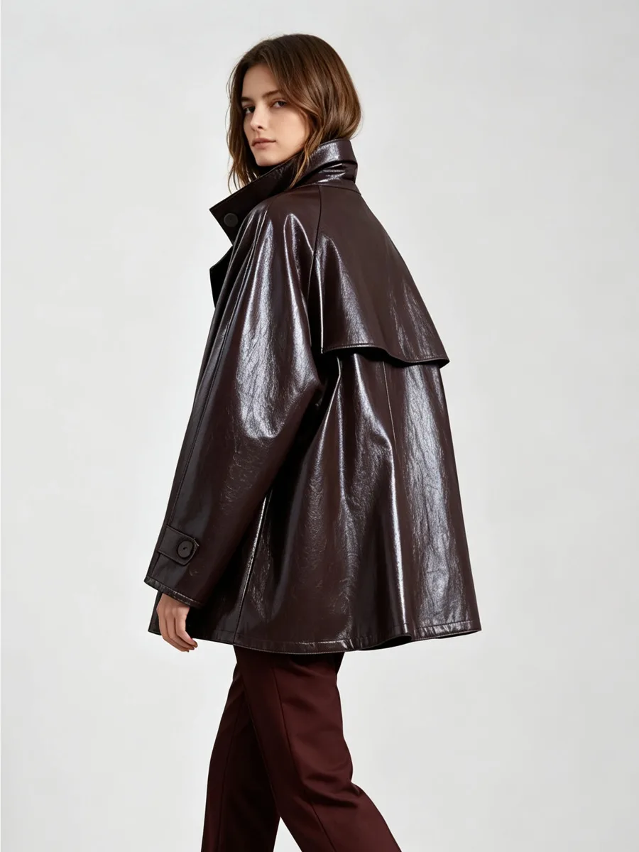 DFDG Women 2026 Spring Autumn Glossy Faux Leather Trench Coat Wide Lapel Drop Shoulder Oversized Mid Length Loose Vintage Jacket