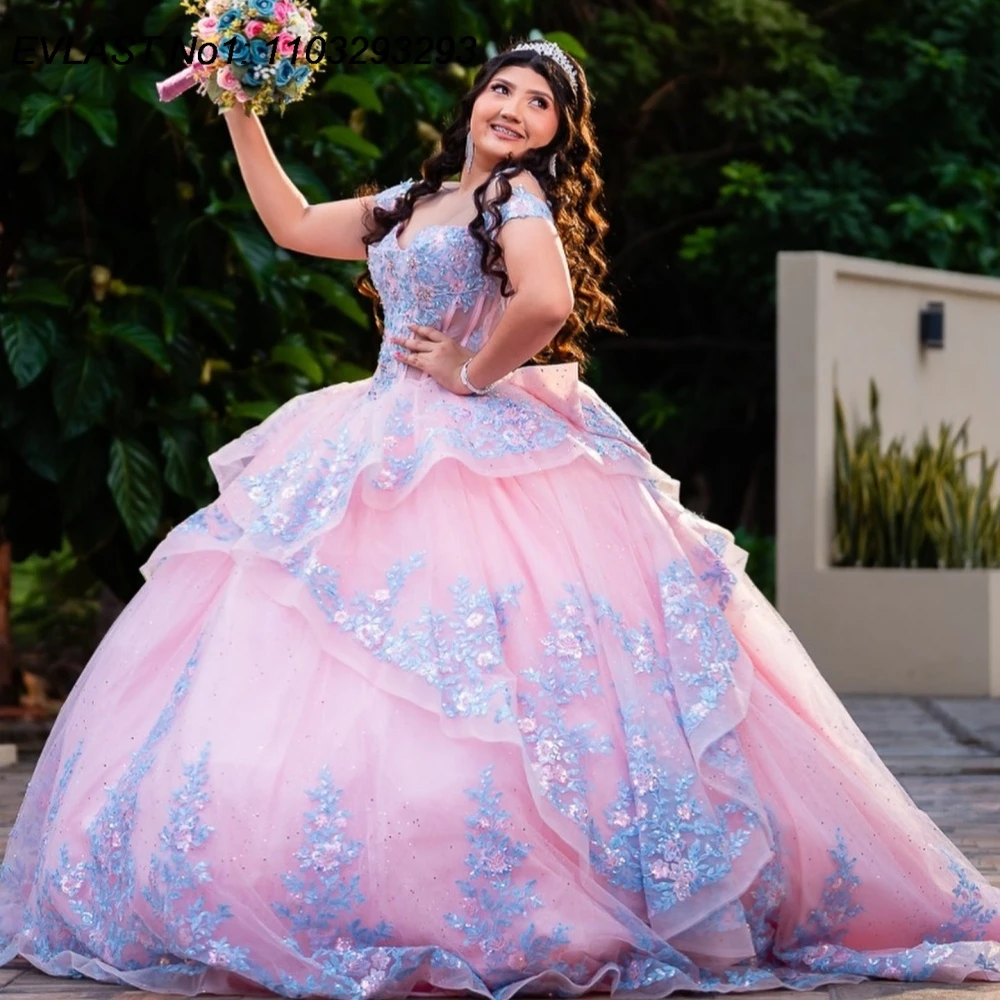 Eplast personalizado princesa rosa quinceanera vestido de baile azul renda apliques miçangas arco doce 16 vestidos de 15 anos e1qn456